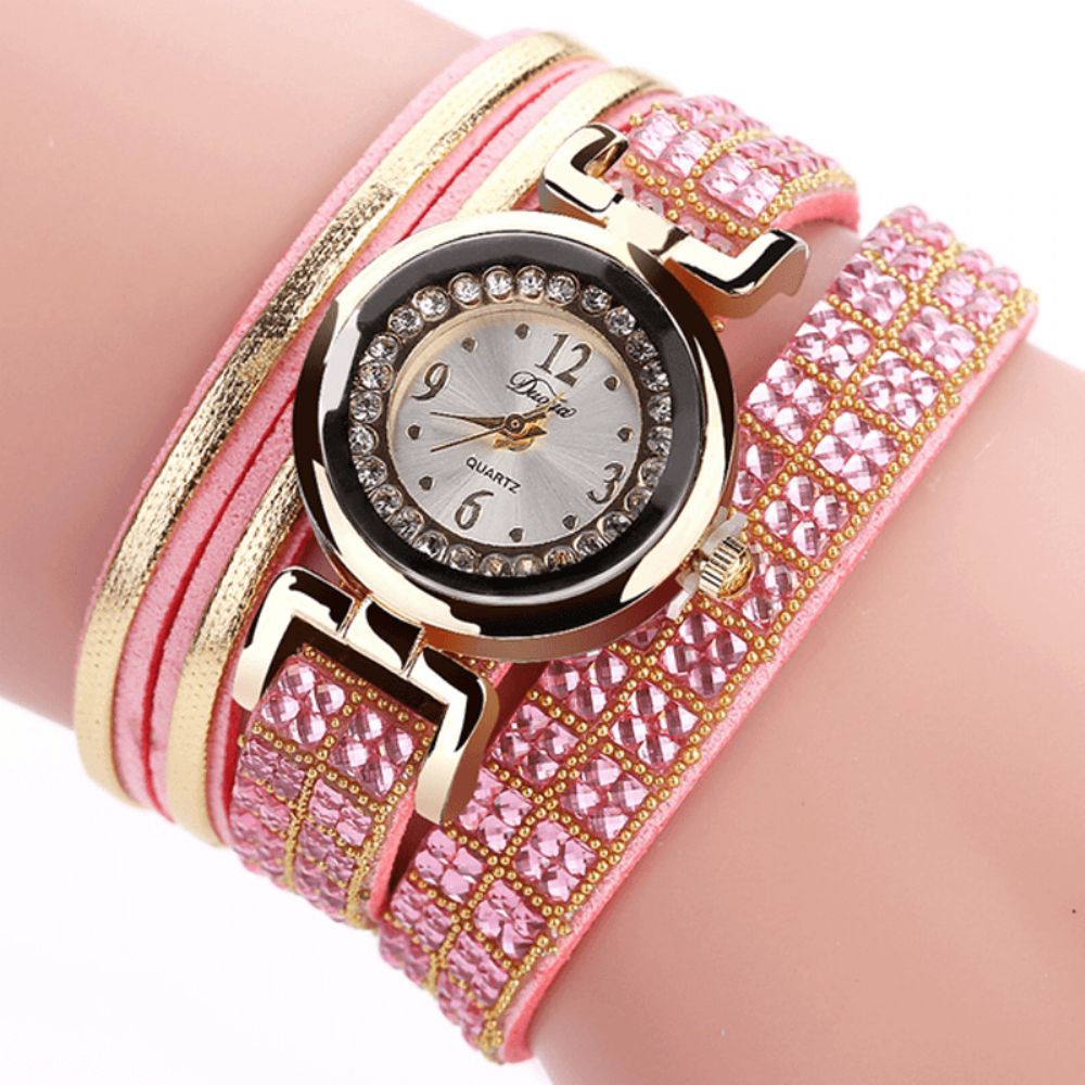 Duoya Mode Style Lederen Band Armband Winding Steentjes Wijzerplaat Quartz Moement Dameshorloges