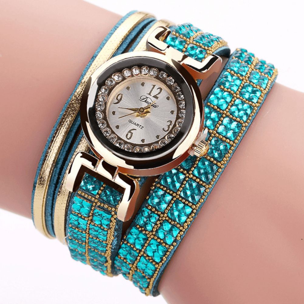 Duoya Mode Style Lederen Band Armband Winding Steentjes Wijzerplaat Quartz Moement Dameshorloges