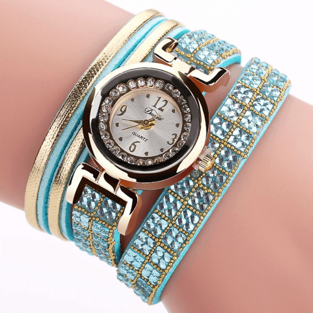 Duoya Mode Style Lederen Band Armband Winding Steentjes Wijzerplaat Quartz Moement Dameshorloges