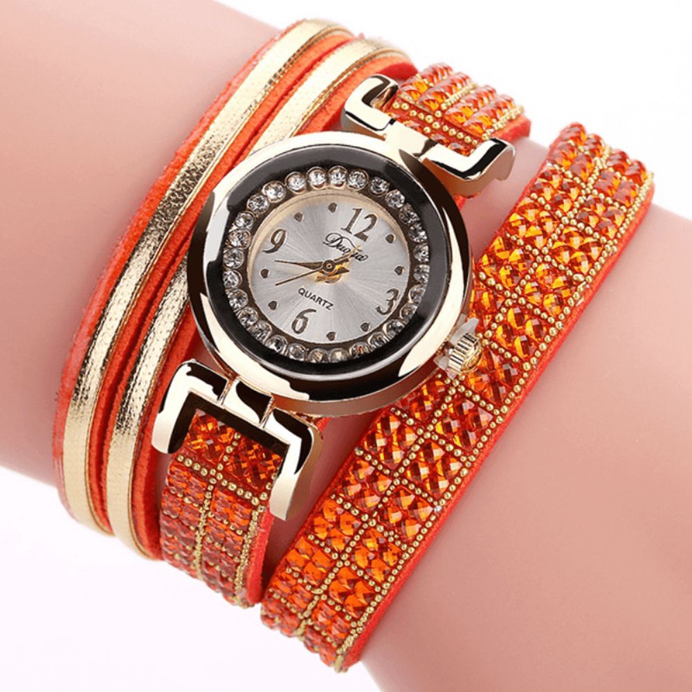 Duoya Mode Style Lederen Band Armband Winding Steentjes Wijzerplaat Quartz Moement Dameshorloges