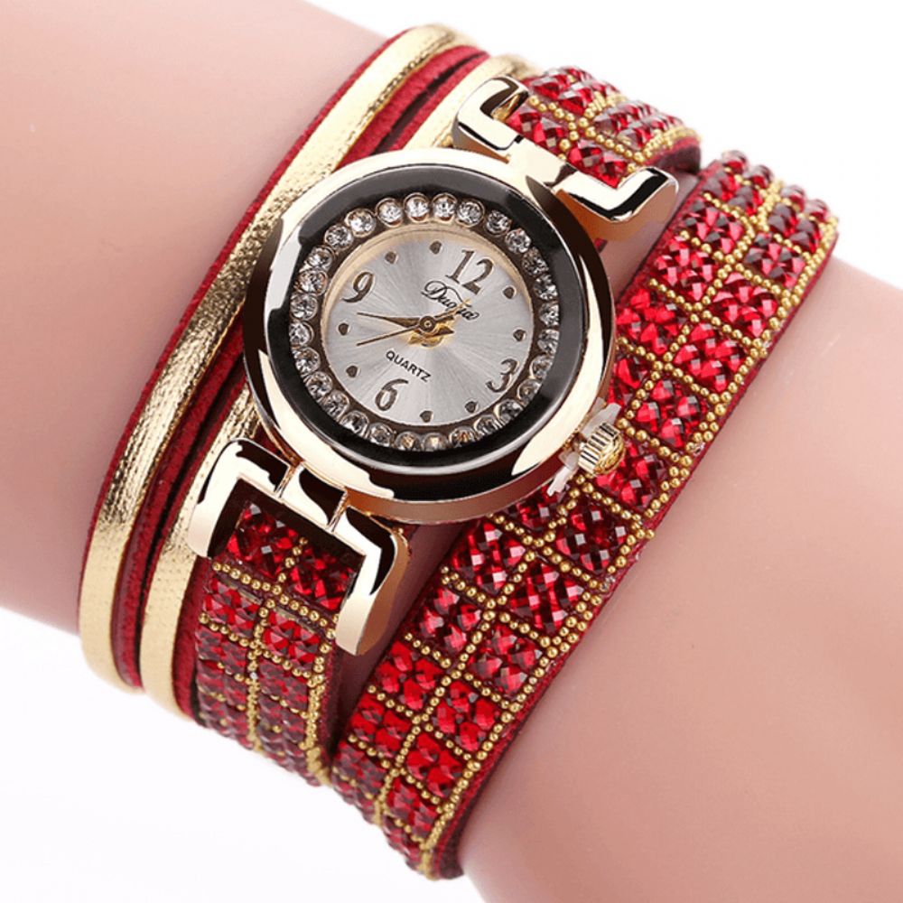 Duoya Mode Style Lederen Band Armband Winding Steentjes Wijzerplaat Quartz Moement Dameshorloges