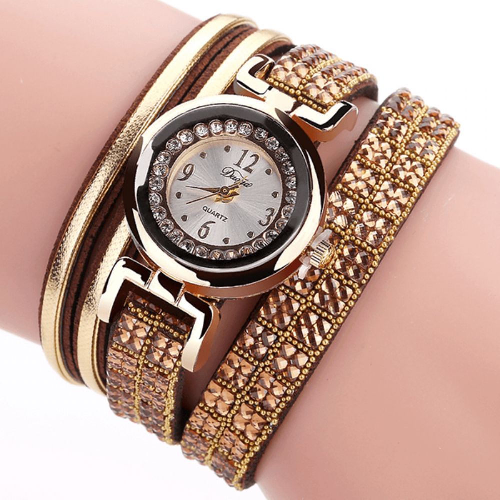 Duoya Mode Style Lederen Band Armband Winding Steentjes Wijzerplaat Quartz Moement Dameshorloges