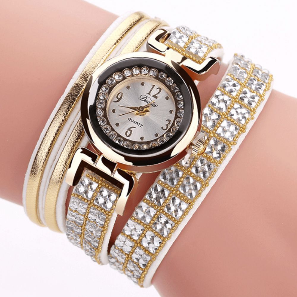 Duoya Mode Style Lederen Band Armband Winding Steentjes Wijzerplaat Quartz Moement Dameshorloges