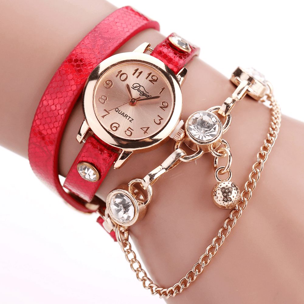 Duoya Retro Style Hanger Armband Horloge Rose Gouden Kast Lederen Band Quartz Horloges