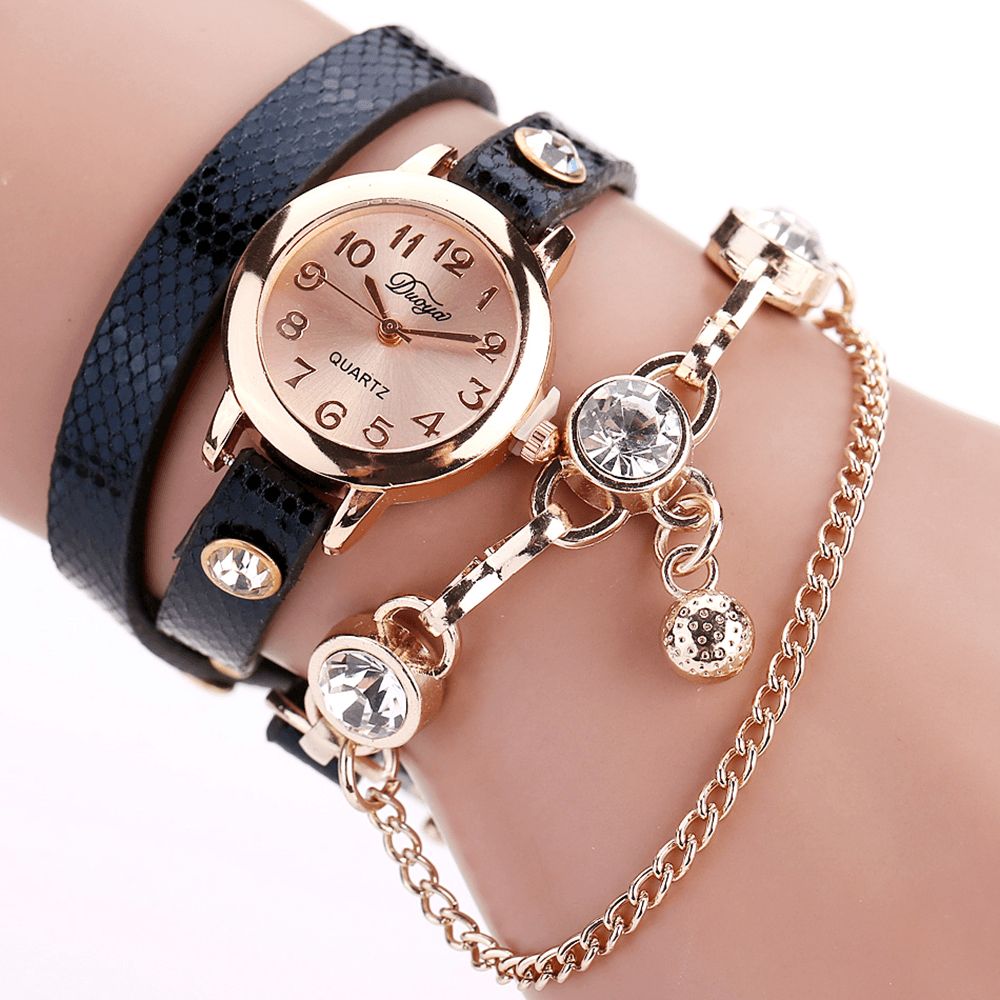 Duoya Retro Style Hanger Armband Horloge Rose Gouden Kast Lederen Band Quartz Horloges