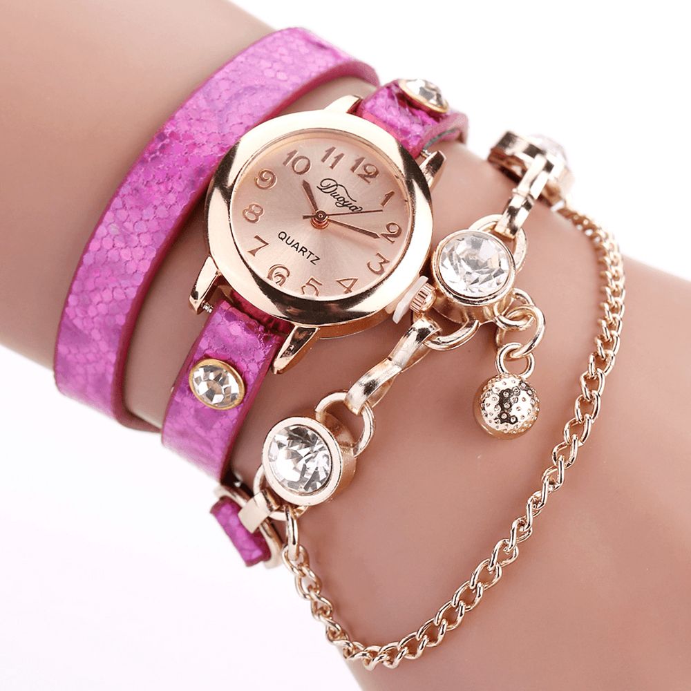 Duoya Retro Style Hanger Armband Horloge Rose Gouden Kast Lederen Band Quartz Horloges