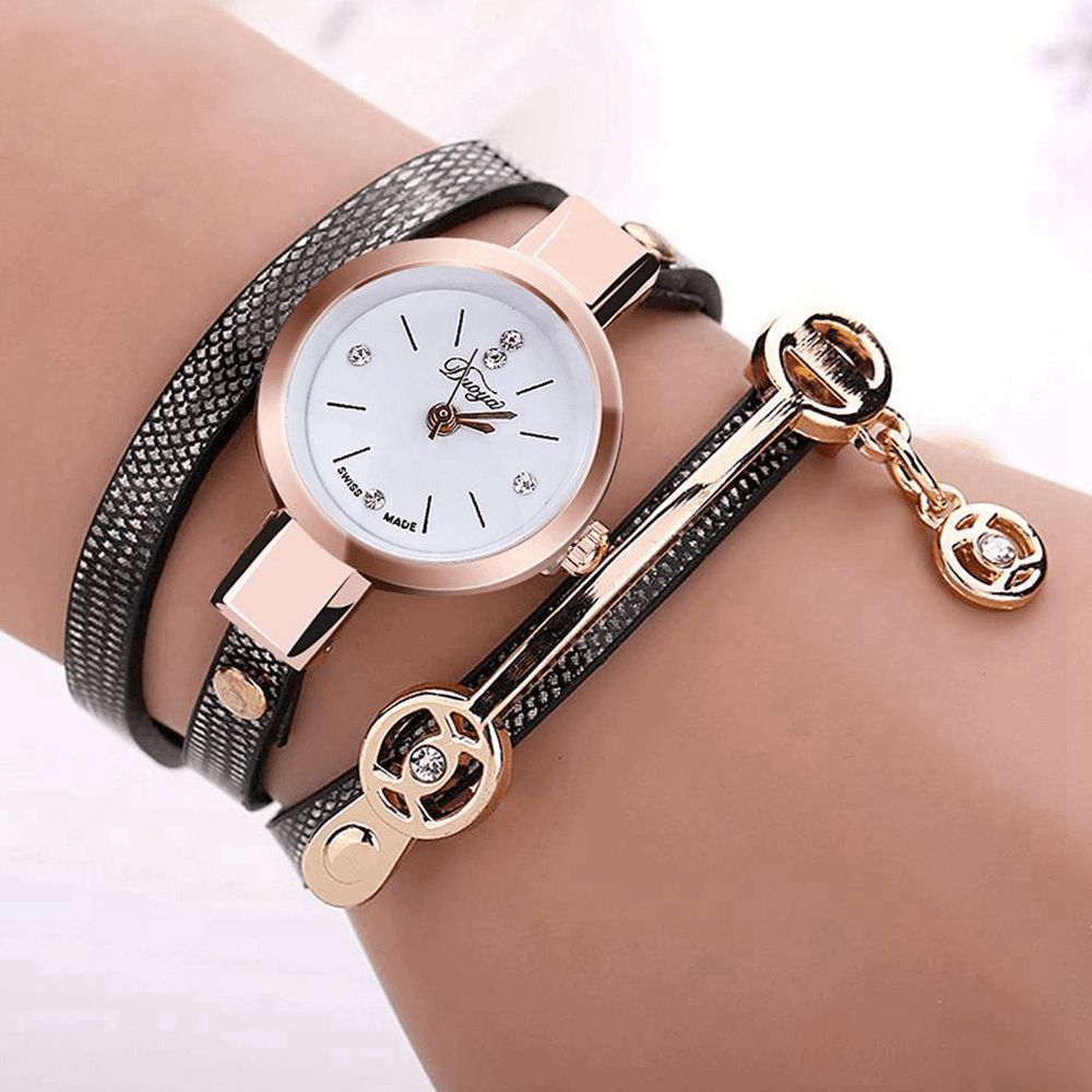 Duoya Xr1297 Mode Casual Dames Diamand Pu Lederen Band Dames Armband Horloge Quartz Horloge