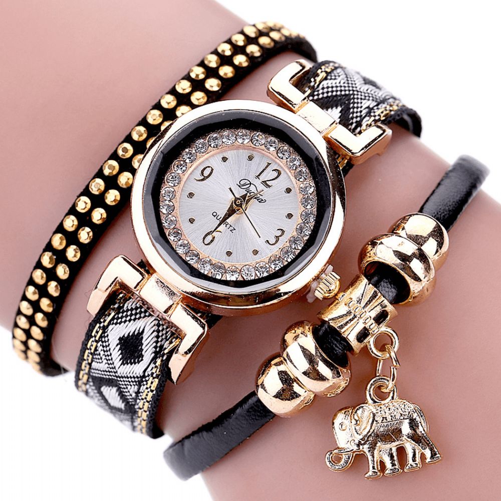 Duoya Xr1889 Modieuze Gouden Olifant Dames Armband Horloge Lederen Band Quartz Horloges