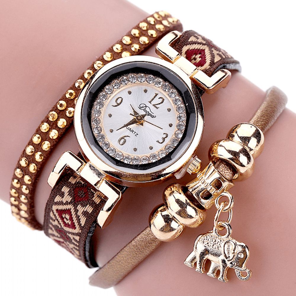 Duoya Xr1889 Modieuze Gouden Olifant Dames Armband Horloge Lederen Band Quartz Horloges