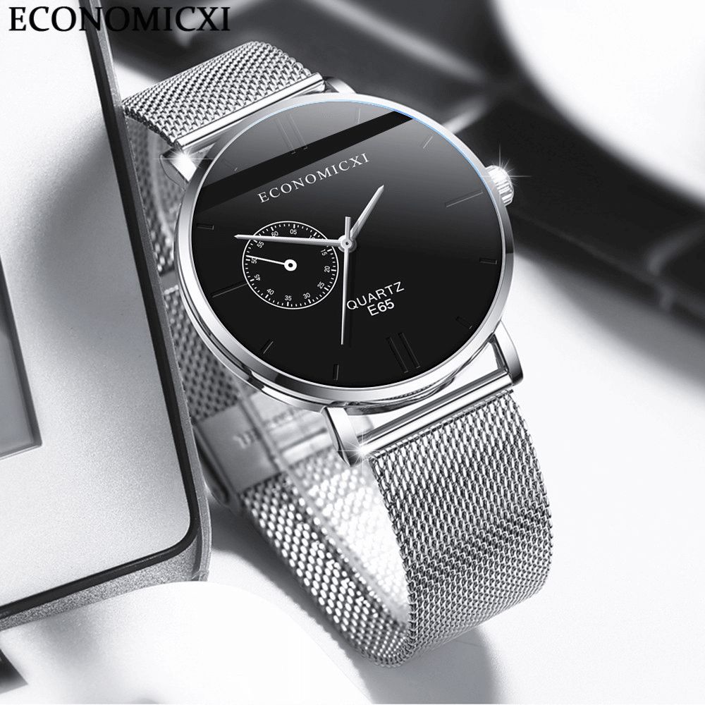 Economicxi E65 Casual Stijl Ultradunne Heren Polshorloge Mesh Stalen Band Quartz Horloges