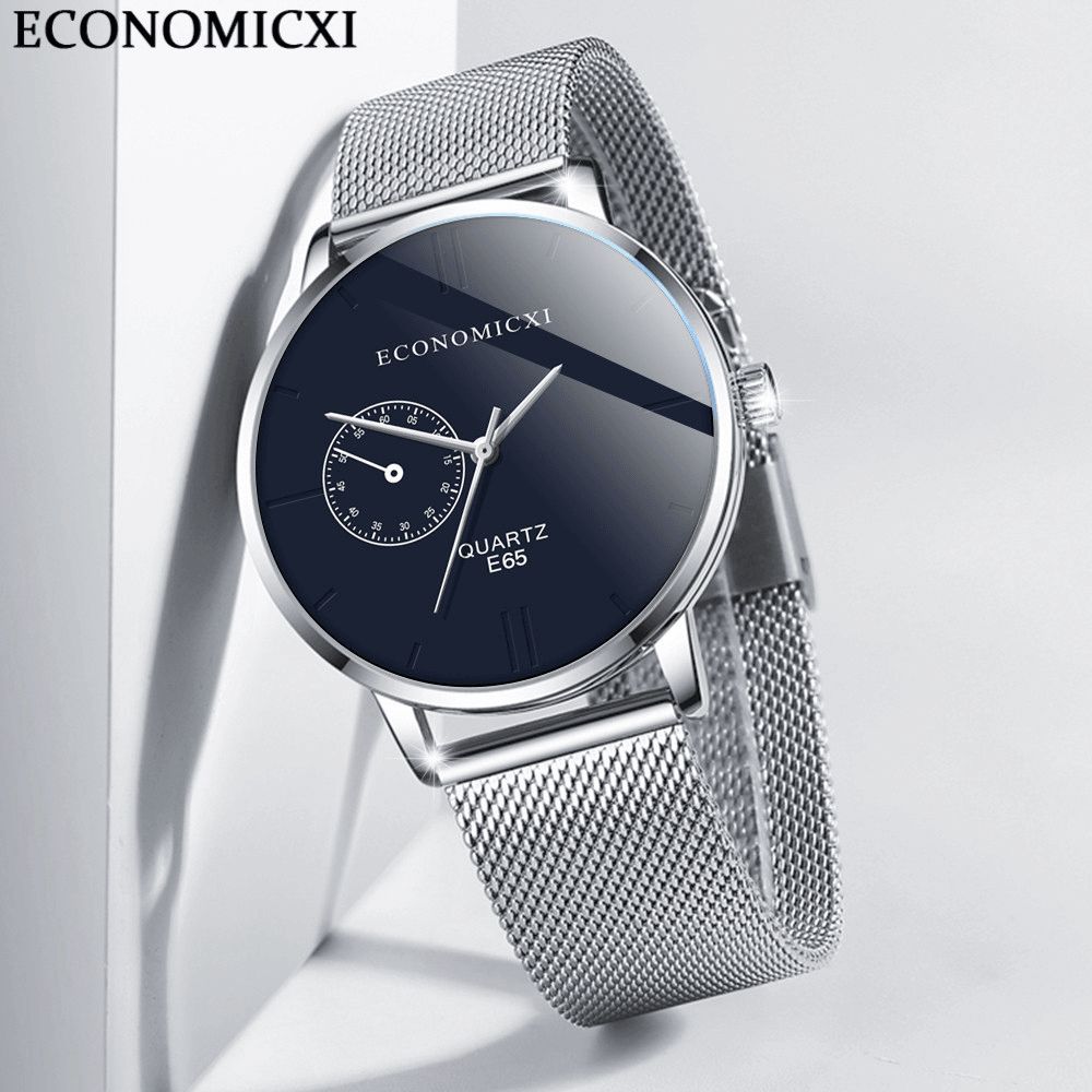 Economicxi E65 Casual Stijl Ultradunne Heren Polshorloge Mesh Stalen Band Quartz Horloges