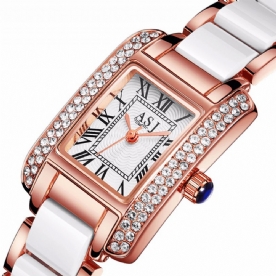 Elegante Keramische Band Crystal Case Romeinse Cijfers Dial Dames Dames Jurk Quartz Horloge