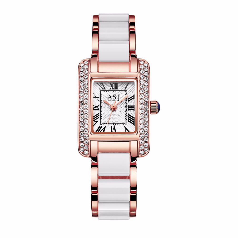 Elegante Keramische Band Crystal Case Romeinse Cijfers Dial Dames Dames Jurk Quartz Horloge