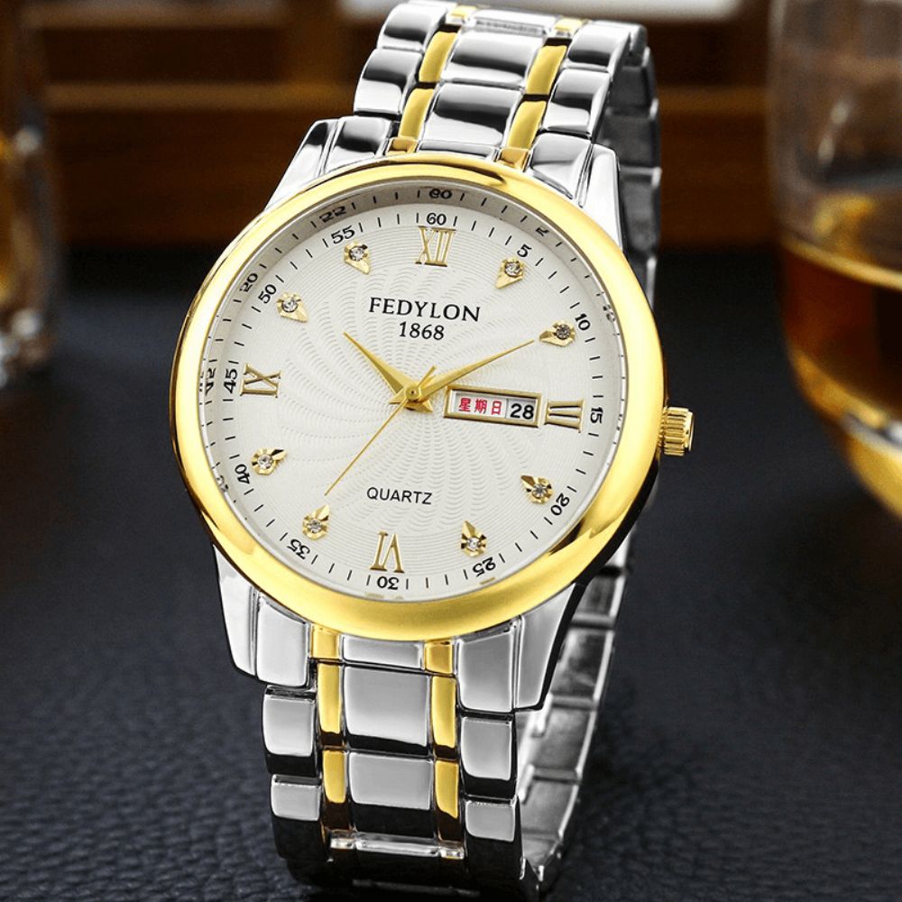 Fedylon Herenmode-Stijl Volledig Stalen Weekdagweergave Crystal Dial Quartz-Horloge