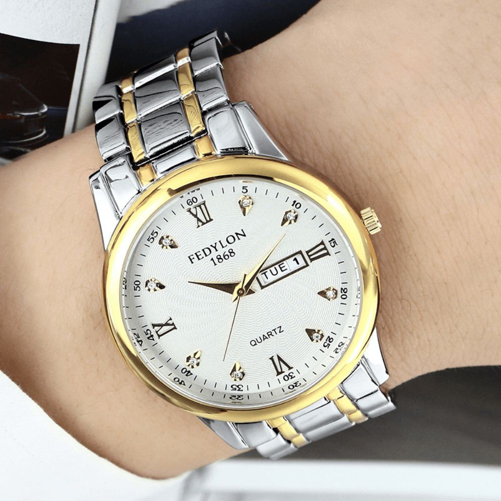 Fedylon Herenmode-Stijl Volledig Stalen Weekdagweergave Crystal Dial Quartz-Horloge