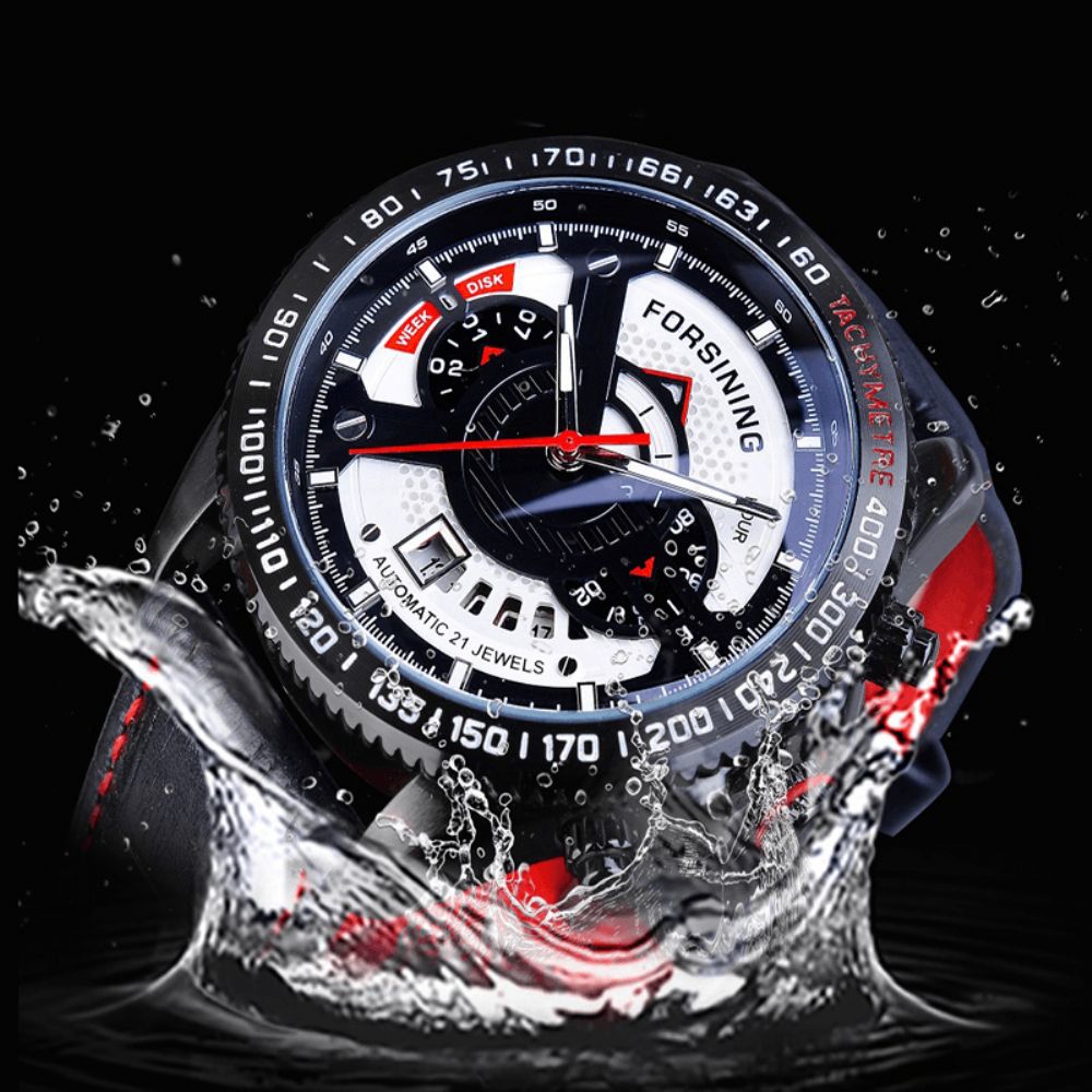 Forsining A231 Mode Heren Automatisch Horloge Lichtgevende Datum Week Maand Display Waterdicht Lederen Band Mechanisch Horloge