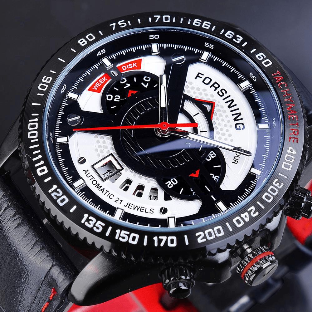 Forsining A231 Mode Heren Automatisch Horloge Lichtgevende Datum Week Maand Display Waterdicht Lederen Band Mechanisch Horloge