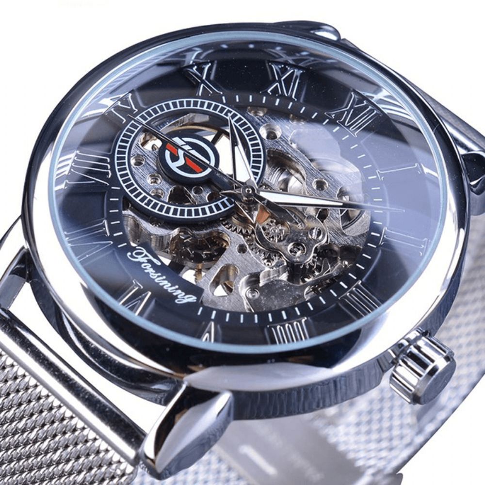 Forsining Gmt1040 Mode Heren Automatisch Horloge Lichtgevende Display Transparant Mesh Mechanisch Horloge