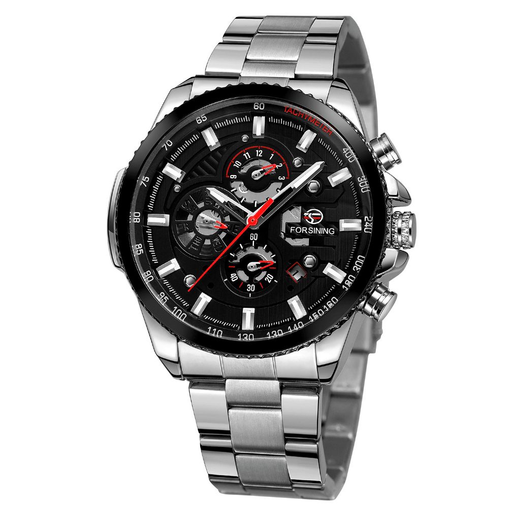 Forsining Gmt1137 Mode Herenhorloge 3Atm Waterdicht Weekdisplay Mechanisch Horloge Met Roestvrijstalen Band