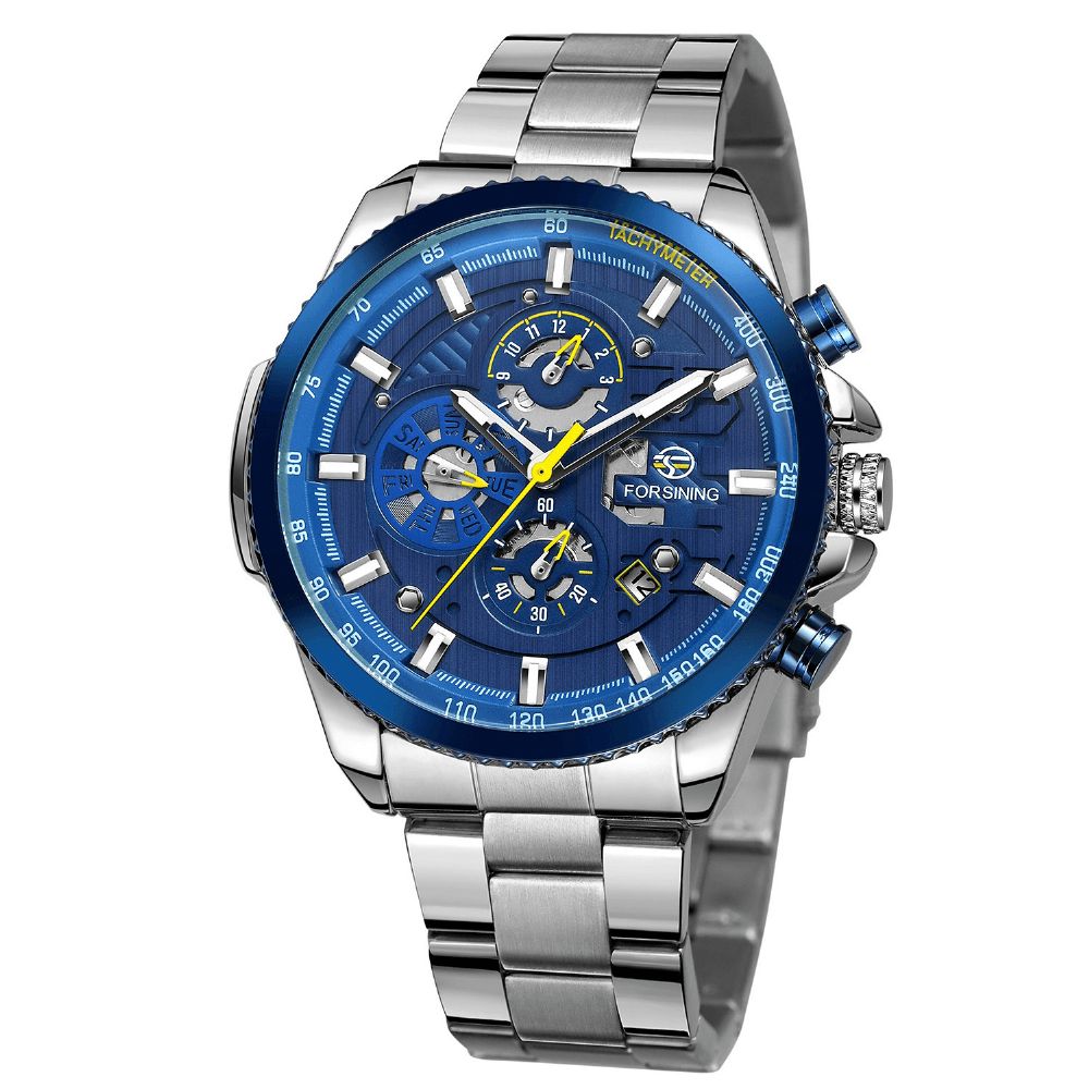 Forsining Gmt1137 Mode Herenhorloge 3Atm Waterdicht Weekdisplay Mechanisch Horloge Met Roestvrijstalen Band