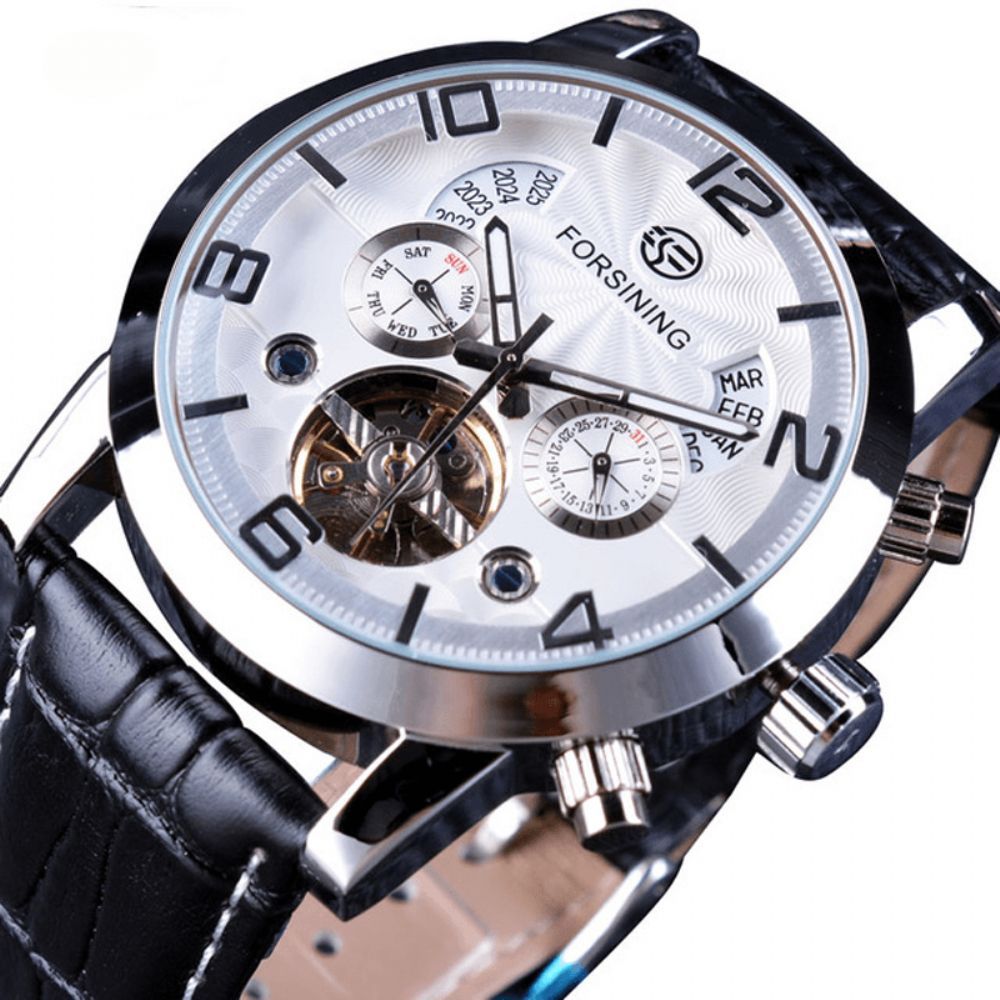 Forsining Gmt373 Mode Heren Automatisch Horloge Week Jaar Lederen Band Display Mechanisch Horloge