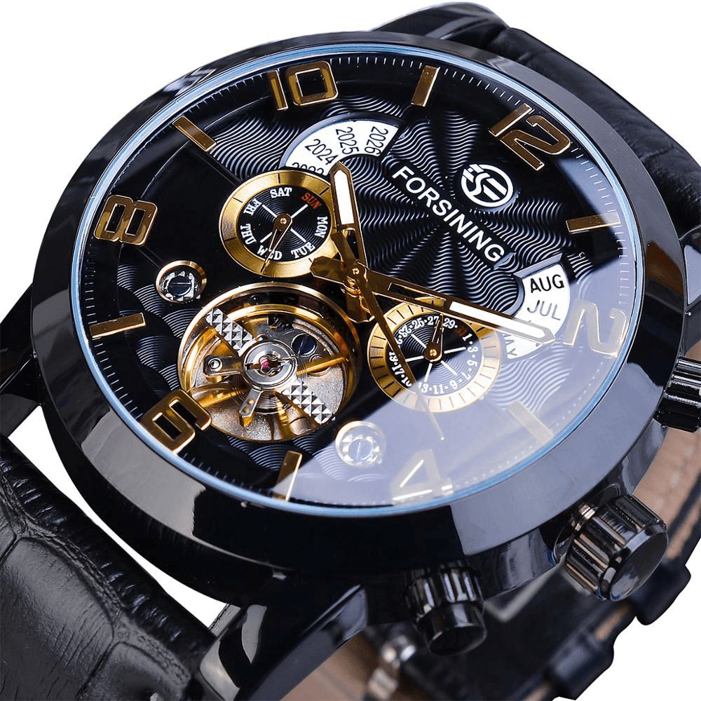 Forsining Gmt373 Mode Heren Automatisch Horloge Week Jaar Lederen Band Display Mechanisch Horloge