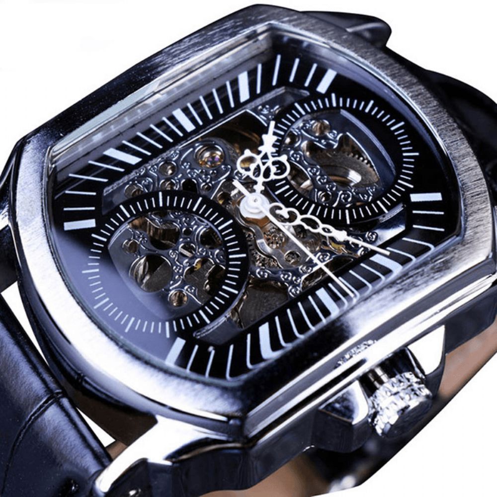 Forsining Gmt911 Mode Herenhorloge Hollow Graveren Ontwerp Lederen Band Mechanisch Horloge