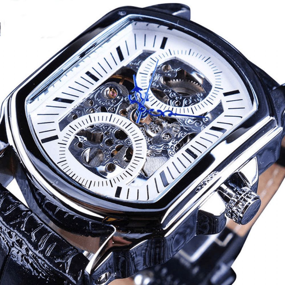 Forsining Gmt911 Mode Herenhorloge Hollow Graveren Ontwerp Lederen Band Mechanisch Horloge