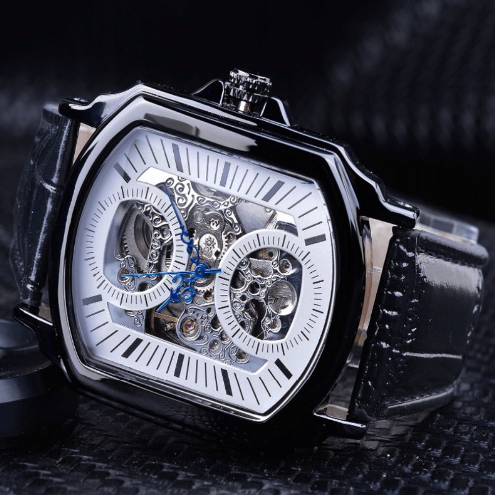 Forsining Gmt911 Mode Herenhorloge Hollow Graveren Ontwerp Lederen Band Mechanisch Horloge