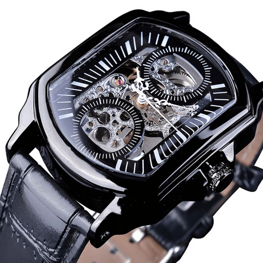 Forsining Gmt911 Mode Herenhorloge Hollow Graveren Ontwerp Lederen Band Mechanisch Horloge