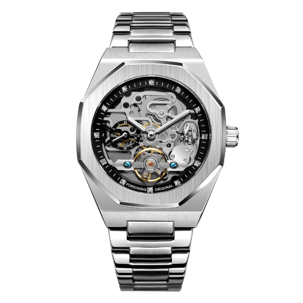 Fosining Fsg8202 Fashon Heren Automatisch Horloge Hollow Dial Lichtgevende Display Roestvrij Stalen Band Mechanisch Horloge