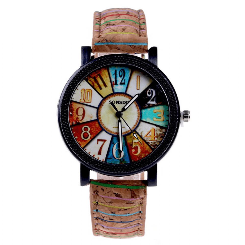 Fshion Dameshorloge Met Kleur Wijzerplaat Retro Quartz Horloge