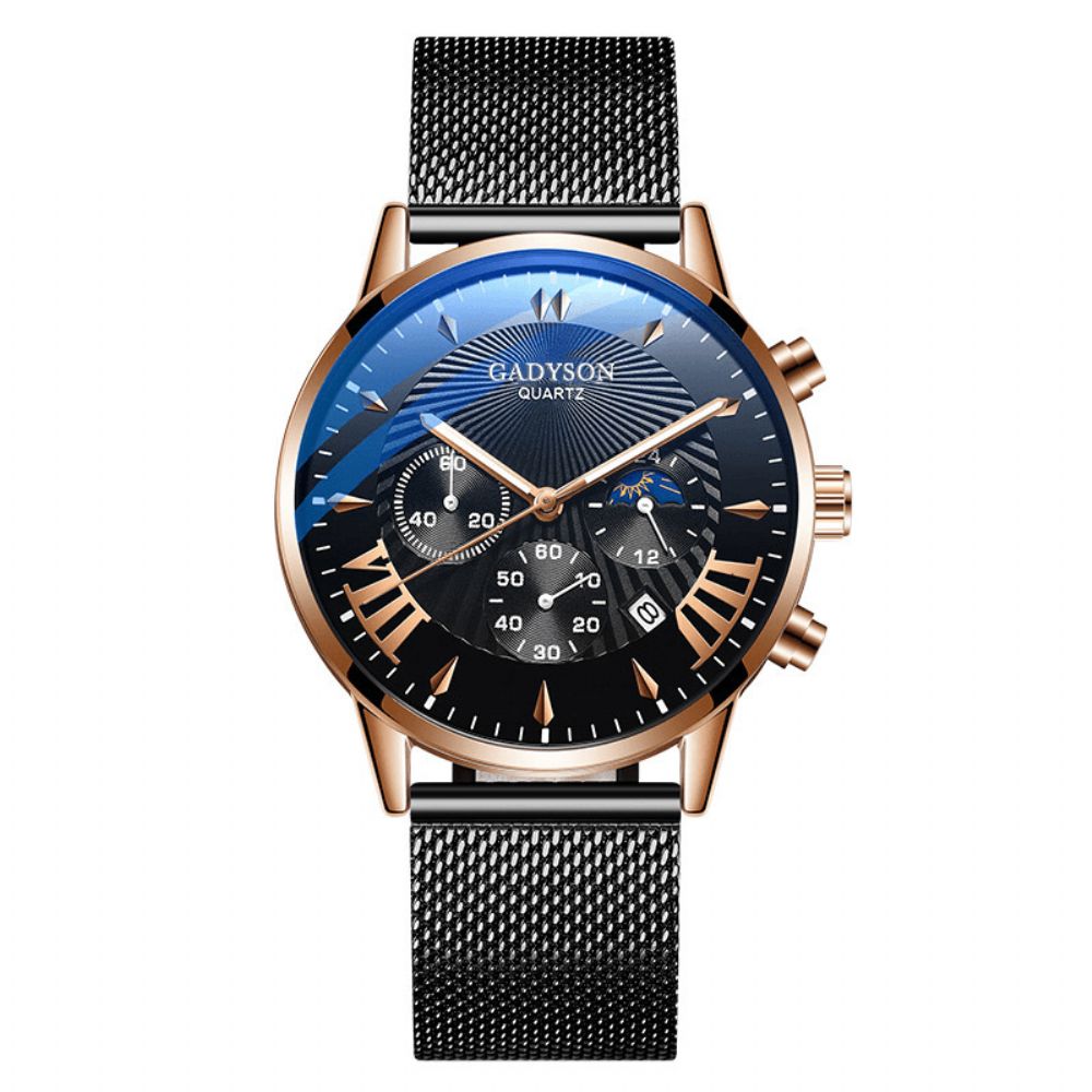 Gadyson A0102 Mode Herenhorloge Lichtgevende Datumweergave Metalen Mesh Riem Zakelijk Quartz Horloge