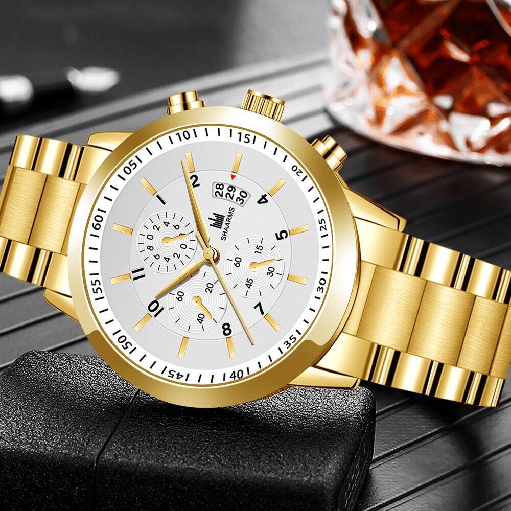 Gelegeerd Stalen Band Zakelijke Kalender Roestvrij Staal Heren Casual Mode Quartz Horloge