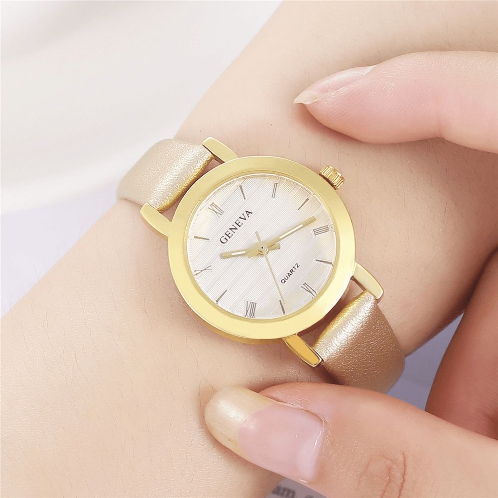 Genve Eenvoudige Stijl Metalen Kast Lederen Band Kleur Dames Quartz Horloge