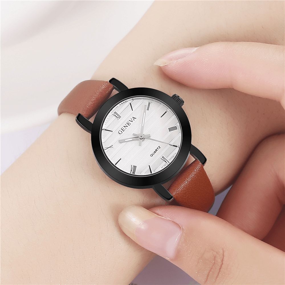 Genve Eenvoudige Stijl Metalen Kast Lederen Band Kleur Dames Quartz Horloge