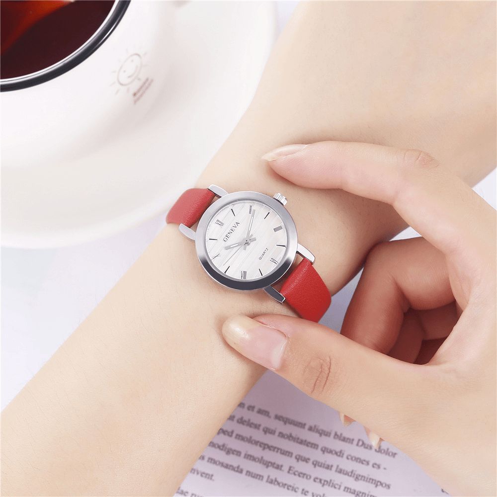 Genve Eenvoudige Stijl Metalen Kast Lederen Band Kleur Dames Quartz Horloge