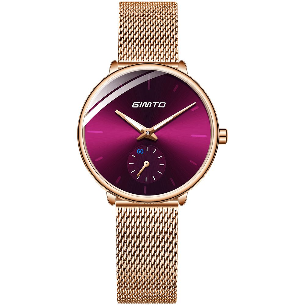 Gimto Gm270 Eenvoudig Twee-Pins Design Wijzerplaat Rose Goud Mesh Stalen Band Mode Dames Quartz Horloge