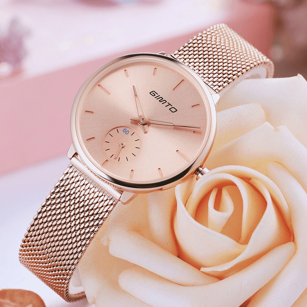 Gimto Gm270 Eenvoudig Twee-Pins Design Wijzerplaat Rose Goud Mesh Stalen Band Mode Dames Quartz Horloge