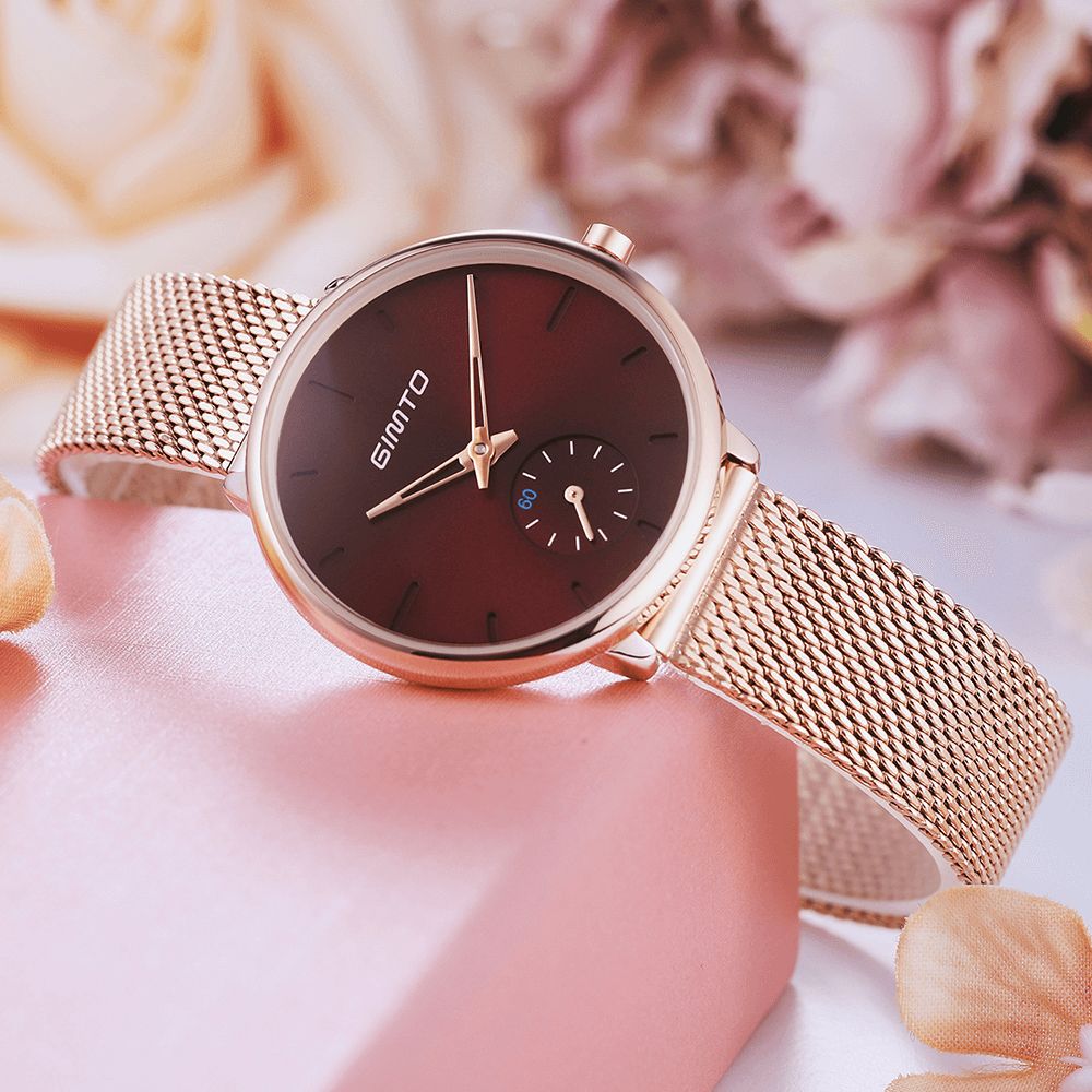 Gimto Gm270 Eenvoudig Twee-Pins Design Wijzerplaat Rose Goud Mesh Stalen Band Mode Dames Quartz Horloge