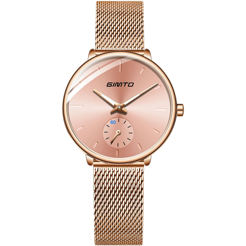 Gimto Gm270 Eenvoudig Twee-Pins Design Wijzerplaat Rose Goud Mesh Stalen Band Mode Dames Quartz Horloge