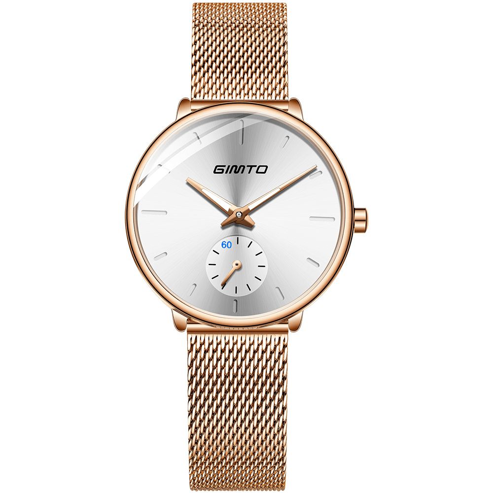 Gimto Gm270 Eenvoudig Twee-Pins Design Wijzerplaat Rose Goud Mesh Stalen Band Mode Dames Quartz Horloge