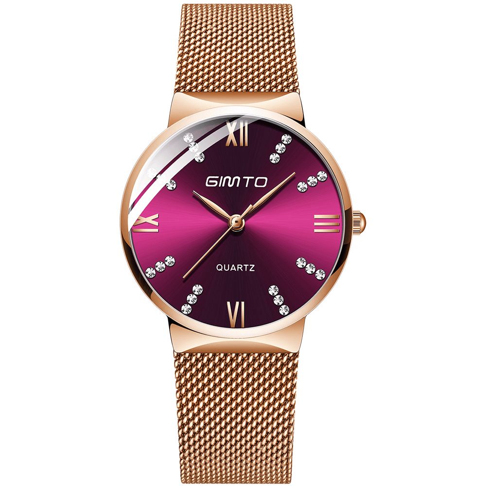 Gimto Gm616 Crystal Kleurrijke Wijzerplaat Mode Rose Gold Mesh Stalen Band Casual Dames Quartz Horloge