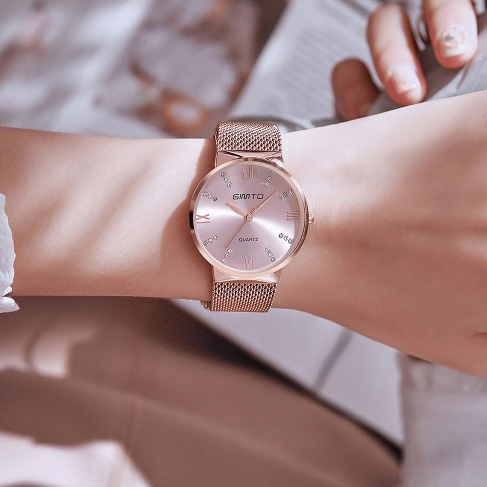 Gimto Gm616 Crystal Kleurrijke Wijzerplaat Mode Rose Gold Mesh Stalen Band Casual Dames Quartz Horloge