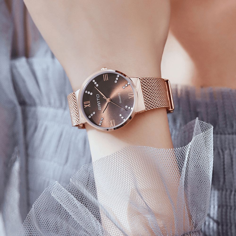 Gimto Gm616 Crystal Kleurrijke Wijzerplaat Mode Rose Gold Mesh Stalen Band Casual Dames Quartz Horloge