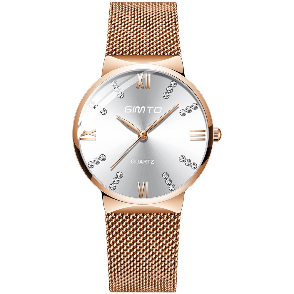 Gimto Gm616 Crystal Kleurrijke Wijzerplaat Mode Rose Gold Mesh Stalen Band Casual Dames Quartz Horloge