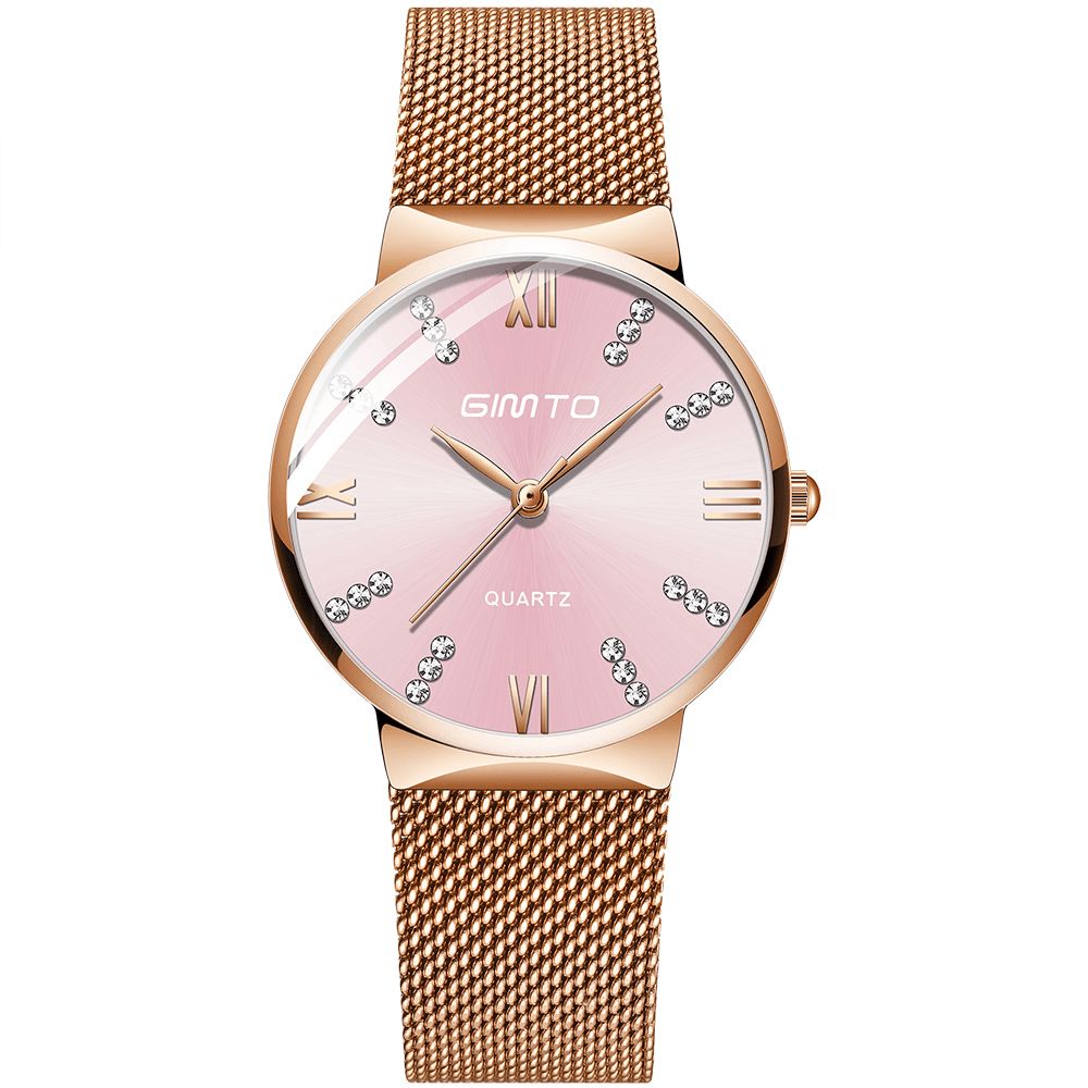 Gimto Gm616 Crystal Kleurrijke Wijzerplaat Mode Rose Gold Mesh Stalen Band Casual Dames Quartz Horloge