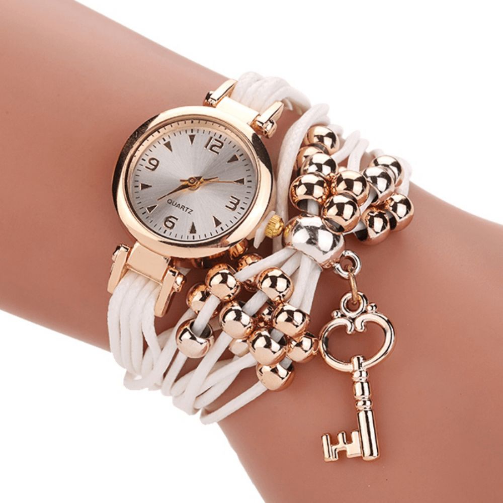 Gouden Kast Kleurrijke Lederen Kralen Band Dames Jurk Dames Armband Polsband Quartz Horloge