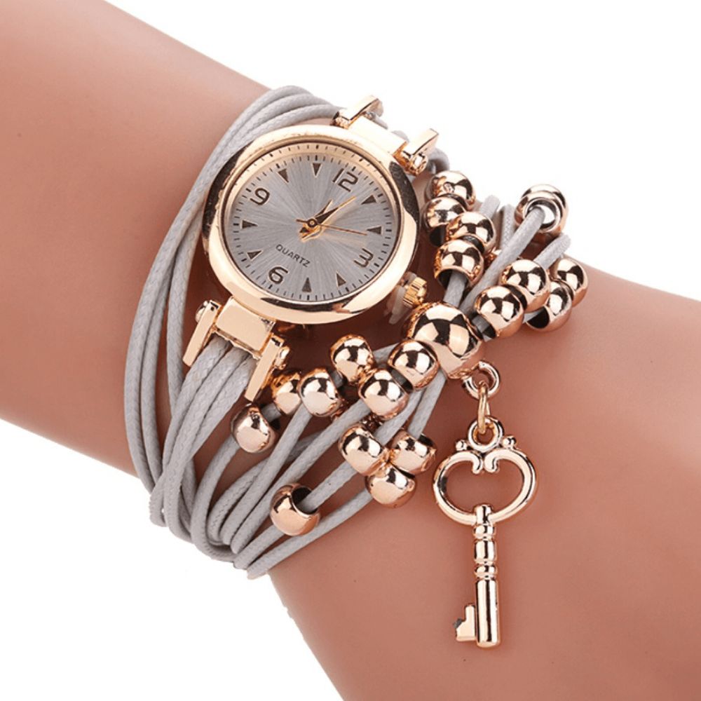 Gouden Kast Kleurrijke Lederen Kralen Band Dames Jurk Dames Armband Polsband Quartz Horloge