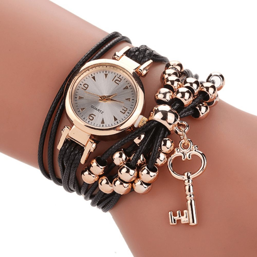 Gouden Kast Kleurrijke Lederen Kralen Band Dames Jurk Dames Armband Polsband Quartz Horloge